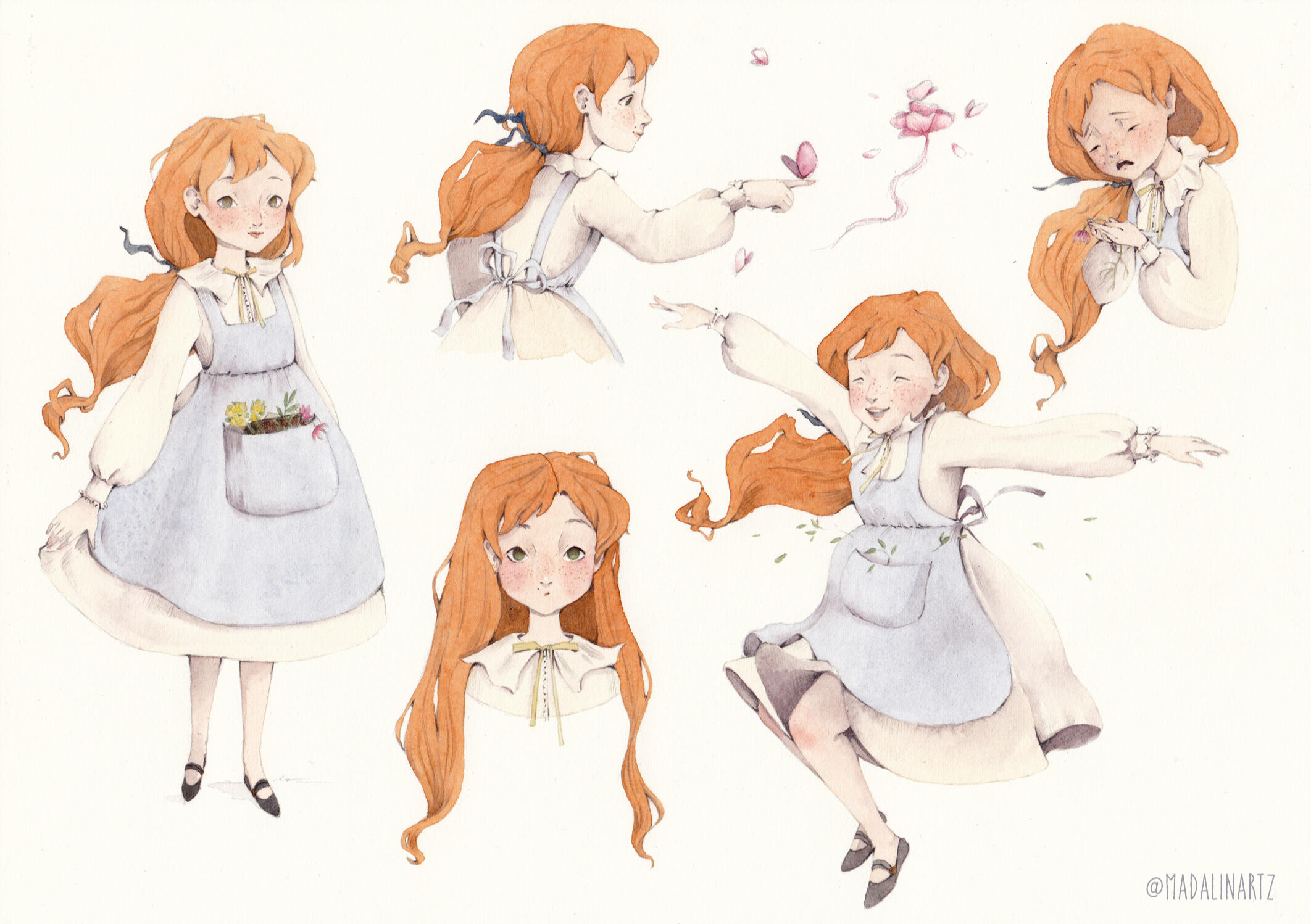 Character design for little Amelia, watercolor + ink